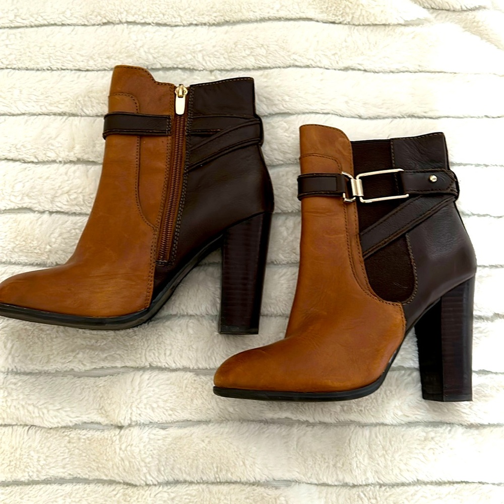 Aldo two-tone brown leather mid-calf heeled boots